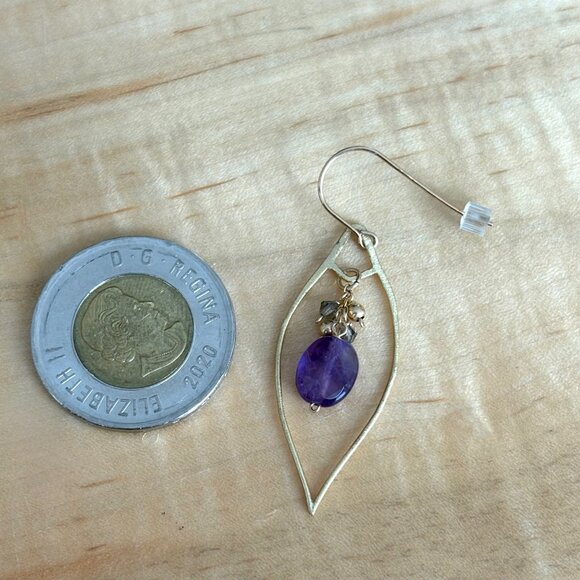 14Kt Gold Fill Amethyst Drop Leaf Earrings Handmade Artisan - Picture 6 of 7